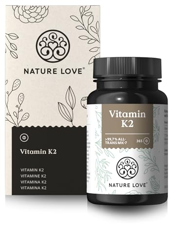 NATURE LOVE® Vitamin K2 hochdosiert - Premiumrohstoff MK7-365 Tabletten - all-trans Gehalt >99,7% MK-7 Menaquinon - vegan, laborgeprüft und in Deutschland produziert