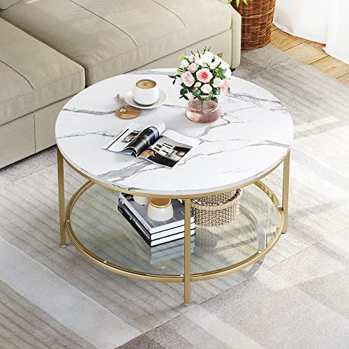 YITAHOME White Marble Round Coffee Table with Glass for Living Room, 2-Tier Circle Coffee Table with Storage Clear Coffee Table, Simple Modern Center Cocktail Table, White & Gold