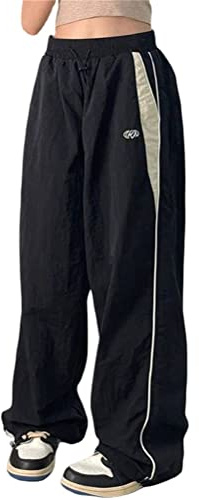 shownicer Pantalon Y2k Femme Baggy Track Pants Cargo Vintage Jambe Large Harajuku Hip Hop Streetwear Printemps Été Élastique de Jogging Loisirs E Noir XS