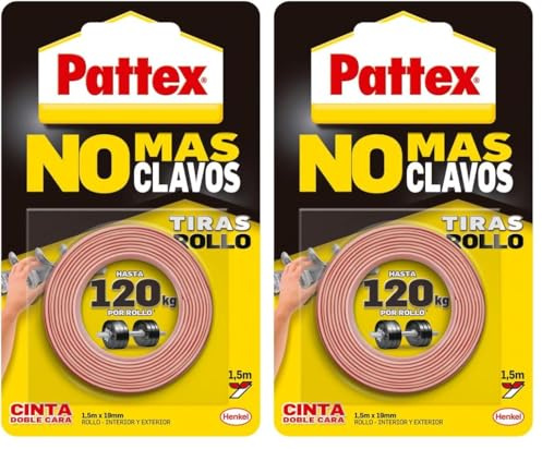Pattex No Más Clavos Cinta, cinta adhesiva para aplicaciones permanentes, cinta de doble cara extrafuerte, adhesivo de montaje para interior y exterior, 19 mm x 1,5 m (Paquete de 2)