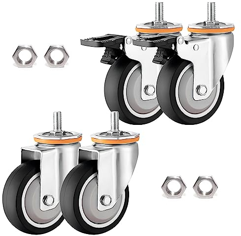 ESOYAWE 4 Stück Ø 63 75 100 125 Mm Leise TPR Gummi Lenkrolle, Mit Bremse M10 M12 Gewinde Vorbau Lenkrollen, 360 Grad Drehbar Ersatzrollen Für Trolleys, Möbel, Transport, Werkbank