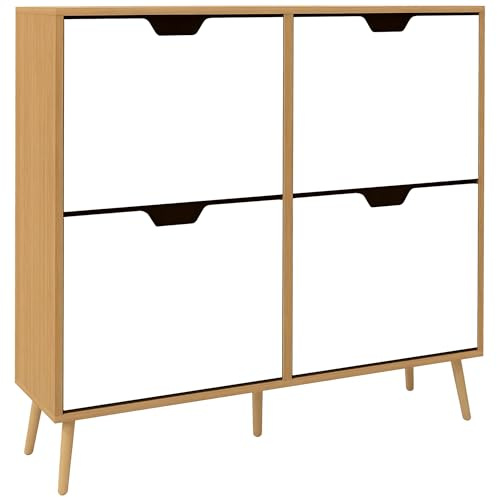 HOMCOM Scarpiera da Ingresso con 4 Cassetti Ribaltabili a 2 Livelli per 16 Paia di Scarpe, Mobile Scarpiera Salvaspazio con Ripiani Regolabile in Truciolato e Legno di Pino, 95x26x95 cm, Color Legno