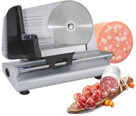 Avilia Cortafiambres eléctrica de casa, con hoja de 220 mm, 150 W, rebanadora profesional con pies antideslizantes e interruptor ON/OFF, grosor preciso 0-15 mm para cortar alimentos, carne, pan