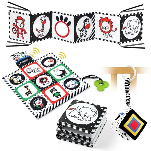 Aolso Kontrastbuch Schwarz Weiß Stoffbuch,3 Stück Kinderwagen Spielzeug, Kinderbett Sensorik Spielzeug, Hängespielzeug, Kontrastspielzeug Sensorik Kontrast Geschenk für die frühe Bildung