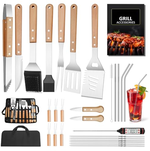 BBQ Grillbesteck Tool Set, 25-teiliges Grill Zubehör Geschenk für Herren Geburtstag mit Grillmatte, Grillutensilien, Grill-Werkzeug-Set für Garten und Camping für Männer und Frauen