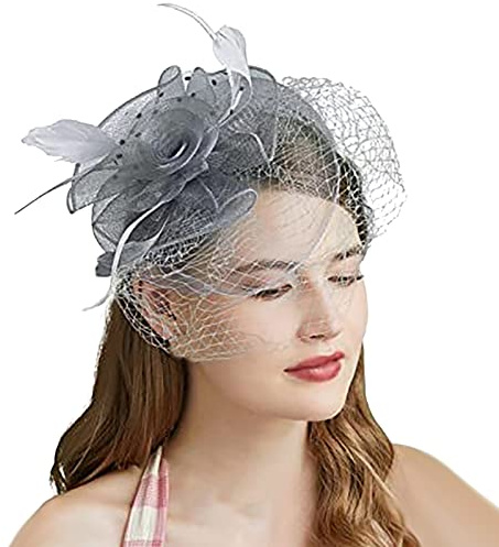 Damen Fascinator Hut, Fascinator Hut Damen Feder Mesh Kopfbedeckungs Hut Schwarze Vintage Teeparty Haarschmuck für Damen Mädchen Abend Partys, Ladies Hut Kopfbedeckung Eleganter Kopfschmuck (Grau)