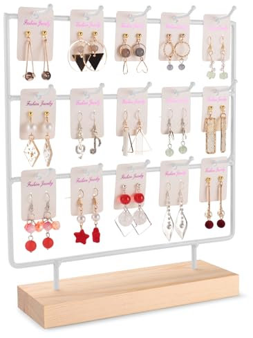 shidaishiye Porta Orecchini da Appendere, Espositore Orecchini con Ganci, Portaorecchini con Base in Legno (3 Livelli, 15 Ganci, Bianco)