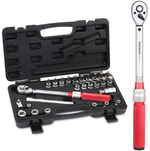 BINGCOBBER Drehmomentschlüssel 3/8”,5-60NM Drehmomentschlüssel Fahrrad & Motordad Auto Set mit viel Zubehör wie Verlängerungsstange, Bits, Nuss-Einsätze, Adapter