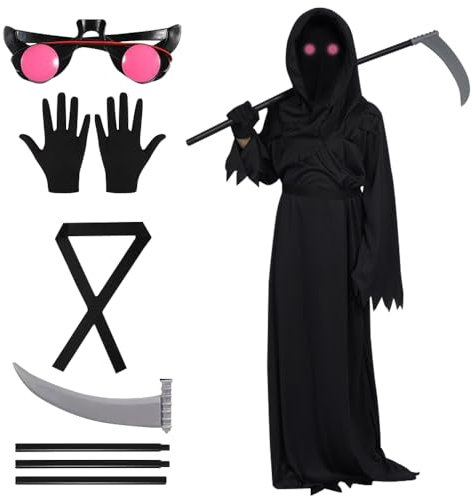 CLIUNT Costume de faucheuse pour enfants, ensemble de cosplay Halloween Grim Reaper, avec Faucille/Chaînes/Verres Lumineux, pour cosplay, décoration d'Halloween, fête à thème, Kids XL (12-14 ans)