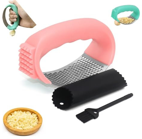 Stainless Steel Garlic Presser With Garlic Peeler Tube and Cleaning Brush, 2024 Upgrades Best Garlic Press, Garlic Mincer Tool, kitchen Gadgets (Pink)