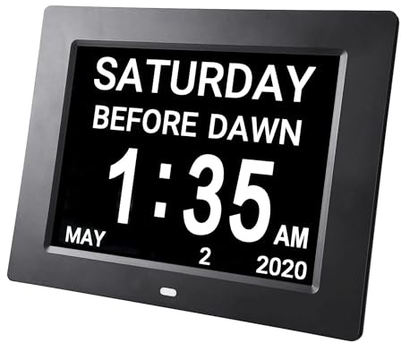 Hiseeyo 8 Zoll Wecker Digital mit Automatische Helligkeitsanpassung, Leiser LCD-Display-Wecker mit Luftfeuchtigkeit und Temperatur für Erwachsene und Kinder und Alzheimer-Krankheit (8zoll-Schwarz)