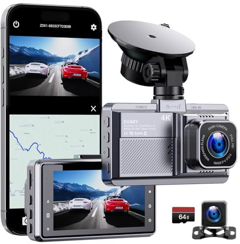 Dashcam Auto vorne und hinten Dasch cam 4K mit GPS 5Ghz WiFi Dash Cam mit 64GB SD Auto Kamera mit Parküberwachung/Super Nachtsicht/Loop-Aufnahme