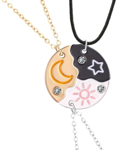 KGDUYC 3 Pieces BFF Friendship Necklace, Collar de Amistad de Plata para Mujer, Collar Bff 3 Girls, Collar Largo para Mujer Sun Star Moon, Cadena de Cristal Colgante Regalo Joyería Oro Negro
