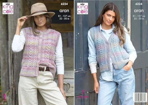 King Cole Aran Strickmuster 6224 Damenwesten mit Rundhalsausschnitt und V-Ausschnitt