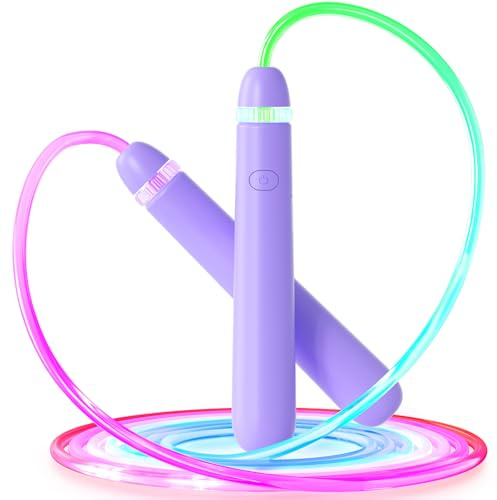 ACHDOFIT LED-upplyst hopprep för barn, justerbar lyser i mörkret hopprep för barn, flickor, pojkar 5-12 år, rolig utomhussport leksaker gåva (lila)