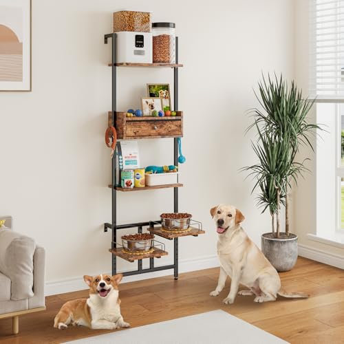 LitaiL Hundenapf Erhöht mit Stauraum und Zwei Anti-Rutsch Matten, Erhöhter Hundenapf für große Hunde, individuell höhenverstellbar, wandmontage, Farbe in Vintagebraun
