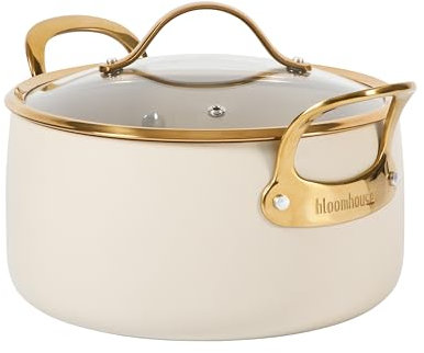bloomhouse 6 Quart Heavy Duty Aluminum Premium PFA Free Ceramic Nonstick Dutch Oven Pot with Lid - Almond Cream w/Gold Handle