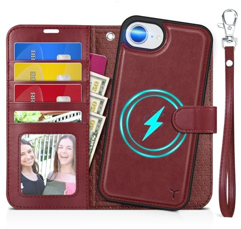 TUCCH Coque 2 en 1 pour iPhone 16e, Housse Dragonne Amovible Cuir Synthétique [RFID Blocage] Etui Protection Portefeuille Housse Fonction Support pour iPhone 16e 5G (6,1 Pouces) - Rouge Foncé