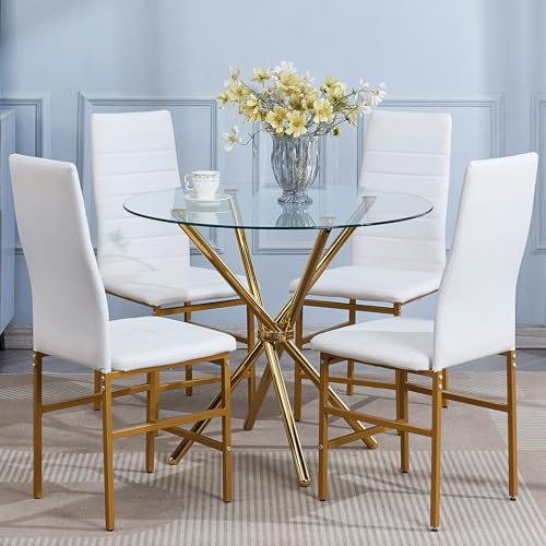 Modernes 5-teiliges Esszimmer-Set mit rundem Glastisch und 4 Lederstühlen für Küche, Wohnung, Restaurant, goldene Beine, Tischplatte aus gehärtetem Glas, platzsparendes Design für kleine Räume