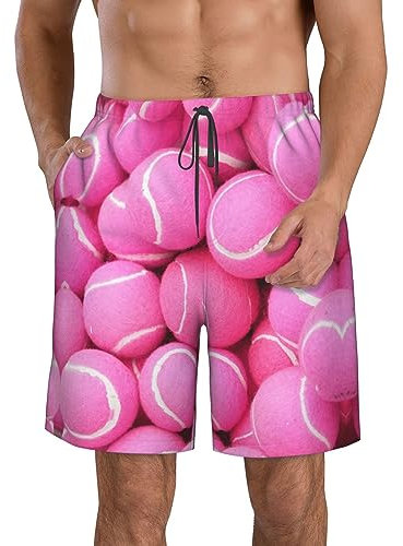 Freizeit-Shorts, Sommer-Shorts, Herren-Badehose, stilvolle Boardshorts für Herren, leuchtend rot, mit Tennisbällen bedruckt, weiß, XXL