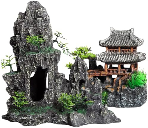 Saim Extra Large Aquarium Decorations, Resin Castle and Artificial Rock with Plants (Ancient Temple with Mountain) Fish Hideout Cave for Amano Shrimp Cichlid to Play, Hide and Rest Hardscape