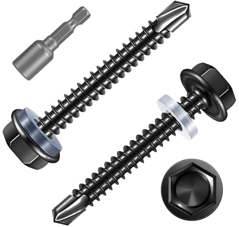 FandWay 30 Pcs Hex Head Self Drilling Screws for Metal,M6.3x50mm Self Tapping Sheet Metal Tek Screws,410 Stainless Steel Black Coating Hex Drive With 1 Bits for Steel/Wood/Plastic.