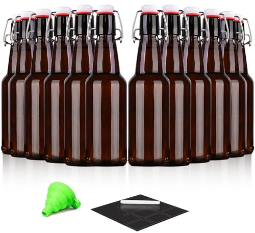 KITGLASCUP Amber Beer Bottles with Flip Caps, 12oz Glass Bottle with Swinging Top for Airtight Lids, Home Brewing and Fermentation Kombucha, Vanilla Extract, Beverage, Water, Kefir (12 Pack)