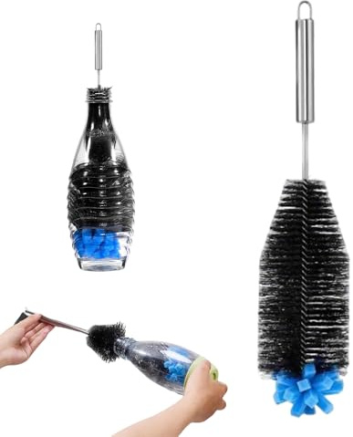 Flaschenbürste für SodaStream Hergestellt aus Edelstahl, Soda Reinigungsbürste mit Harte Borsten und Weichen Schwamm Sodaflaschen, Babyflaschen, Trinkflaschen Schmalem Hals Reinigt kraftvoll