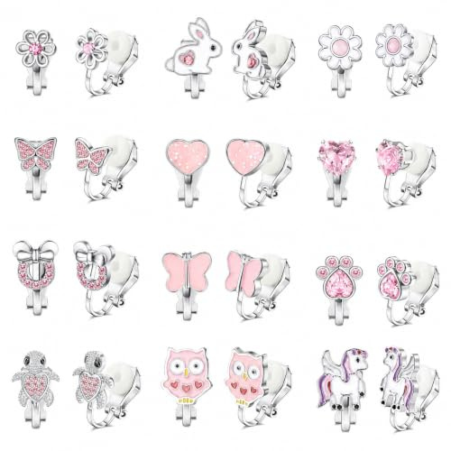 LOLIAS 12 Pares Pendientes Clip Niña Sin Agujero Plata Lindos Mariposa Corazón Flor Animales rosa CZ Pendientes Hipoalergenicos Mujer Niña Oreja Sin Agujero Joyería Regalo para Niños