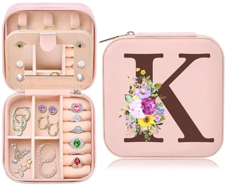 Geschenk für Frauen, Initiale Schmuckkästchen mit K, Kleine Schmuckkästchen, Reise Schmuckschatulle mit Spiegel für Damen Mädchen Beste Freundin, Geschenk für Geburtstag Weihnachten Muttertag, Rosa