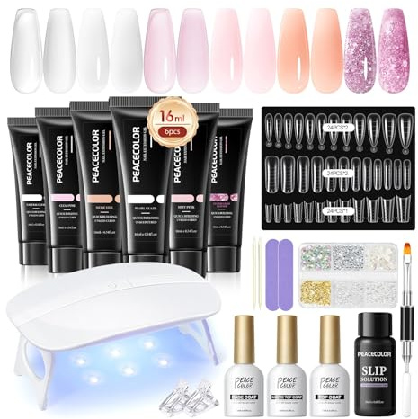 PEACECOLOR Poly Nagelgel Set mit UV Nagellampe Maniküre-Zubehör 6 Farben | Pink Weiß Glitzer Nagelverlängerungsgel Matt Glitzer Top Base Coat Gel Basis Decklack Slip Solution für Anfänger