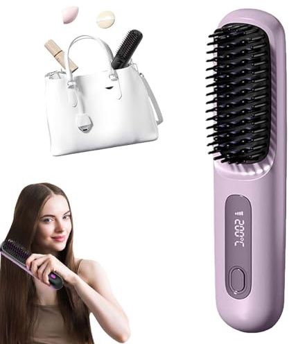 Numoya Go Brush Pro UK Short Hair, 2026 Cordless Hair Straightener Brush, Glow Wave Heated Brush for Short Hair, Portable Straightener Brush with Fast Heating Design (Purple)