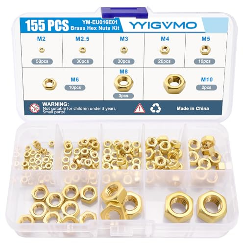 YYIGVMO 155 Pezzi M2 M2.5 M3 M4 M5 M6 M8 M10 Kit Assortiti Dadi Esagonali in Ottone, Dadi in Ottone Massiccio, per Viti e Bulloni