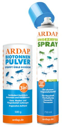 ARDAP Repell Ungezieferspray 750ml + Biotonnenpulver 500g - Abwehrend bei Insektenbefall, Anti Maden Biotonne: Mülltonnen Pulver: Gegen Fliegen, Maden, Ungeziefer (PT19)