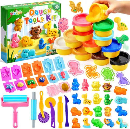 BYHANO 39 Stück Knete Zubehör für Kinder, Knetmasse Set mit 12 Stück Bunte Dough, Plastilin Werkzeuge Set mit Dino & 3D-Tierformen, Knetwerkzeug Set, Geschenke für Jungen und Mädchen ab 3 Jahren