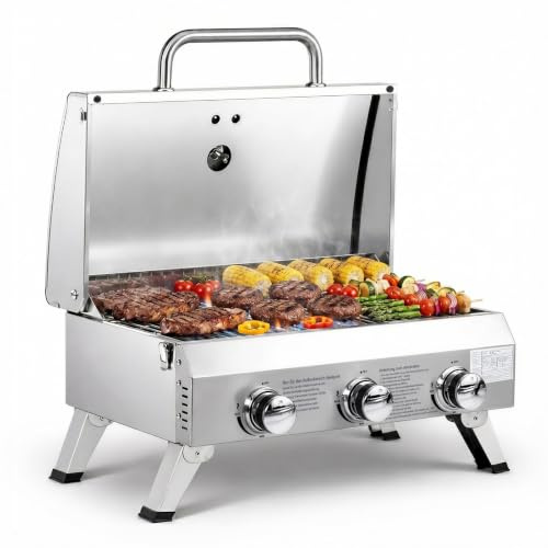 ROVSUN Gasgrill 3 Brenner Gasgrill Camping 6,6 kw mit Deckel 61x43x40 cm, Tischgrill für Hinterhof, Strand, Terrasse (3 Brenner mit Deckel)