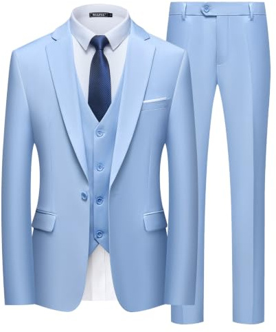 WULFUL Herren Anzug Slim fit one Button 3-piece Klage-Blazer-Kleid geschäft Hochzeit Jacke Weste und Hose mittel hellblau