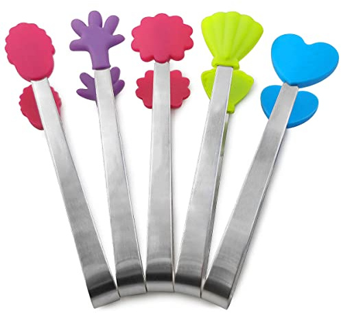 Daycount 5pcs Stainless Steel Sugar Tong 5-Inch Mini Serving Tongs With Creative Silicone Head, For Tea Coffee Party