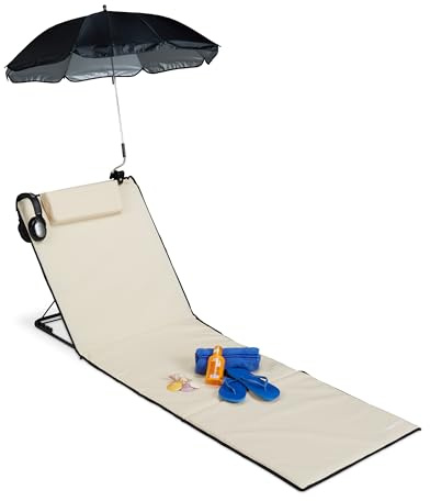 relaxdays Esterilla de Playa con Respaldo, Estera Acolchada XXL con sombrilla, Ajustable, Portátil, Beige