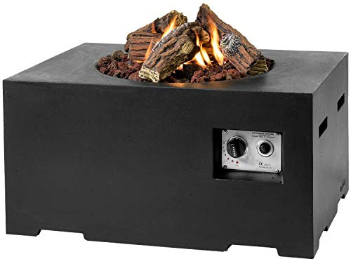 M A N I A Feuertisch für den Garten - Gas Feuerstelle ohne Rauch, Funken, Glut & Asche - Gaskamin Outdoor mit 19,5 kW in Betonoptik schwarz 80 x 60 x 40 cm - Gasfeuerstelle Terrassenkamin Kaminfeuer