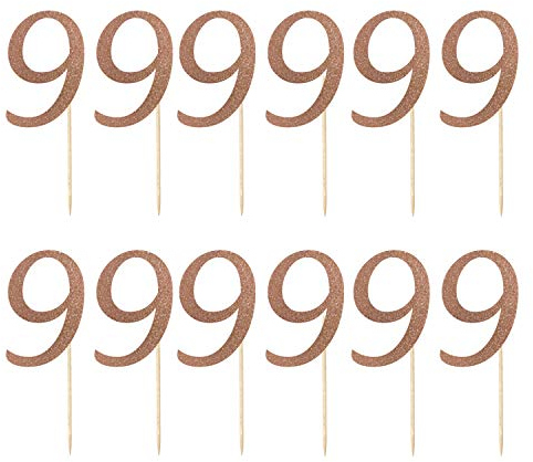 LissieLou Number 9 Cupcake Toppers Pack of 12 in Pretty Glitter Card, Made in the UK - Rose Gold