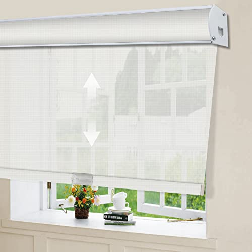 Solar Window Roller Shades, White Waterproof Light Filtering Cordless Roller Blinds, UV Protection Flame Retardant Sun Shades for Windows, Doors, Living Room, Kitchen