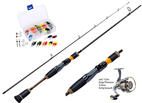MiRoeFishing Ultralight Angelset komplett Ready for Fishing ! Alpha 180cm UL-Carbonrute + Angelrolle Exp500 mit Schnur + Köderset. Spinnrute - Steckrute - extrem biegsam