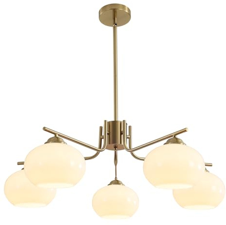 KCO Sputnik Kronleuchter Gold 5-flammig Pendelleuchte mit Milchglas Kugeln Ø18cm E27 Höhenverstellbar für Esszimmer Wohnzimmer Küche