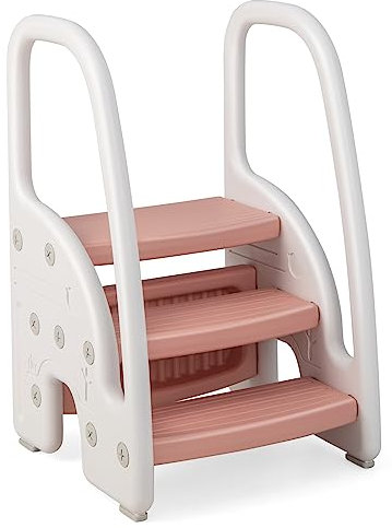 COSTWAY stegpall i 3 steg för barn, stegpall justerbar höjd med avtagbar övre steg och halkfri fotdyna, barnpall trappstege, inlärningstorn, 50 kg, lastkapacitet (rosa)