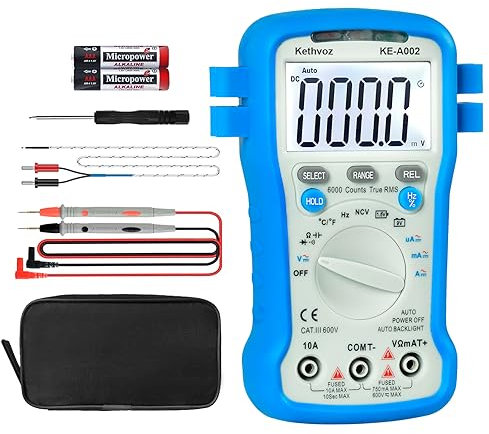 Multimeter 6000 Count TRMS Electrical Tester, Kethvoz 600V Voltmeter Battery Tester Measure AC DC Voltage Current Ohm Capacitance Temperature, Carrying Case & Sharp Test Leads Included