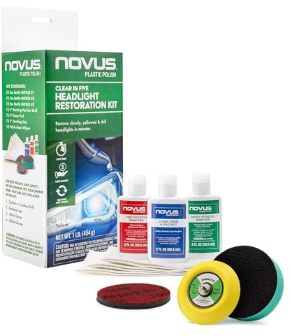 Novus Clear in Five Headlight Restoration Kit, 2 Ounce #1, 2, & 3 Bottles, Buffing Pad, Backing Pad Drill Attachment, 1,000 Grit Sanding Disk, 3 Polish Mates