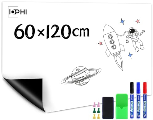 iophi Lavagna magnetica 60 x 120 cm, pellicola magnetica autoadesiva, forte e lavabile, colore bianco, con pennarello e calamite in spugna, per ufficio e casa, frigorifero ecc