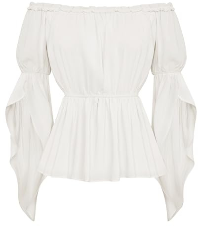 SCARLET DARKNESS Damen Mittelalter Corsagenbluse Vintage Retro Off Shoulder Einfarbig Carmenbluse Weiß L