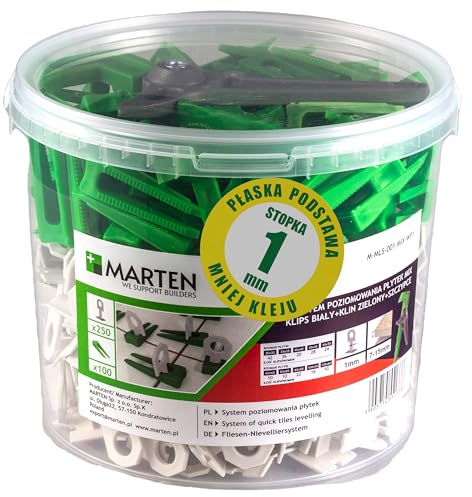 Marten Klin Sistema de nivelación de azulejos Clips Grosor del azulejo 7-15 mm Ancho de lechada 1 mm 1,5 mm 2 mm 3 mm Alicates (1MM, 250 Clips + 100 Cuñas +1 Alicates)